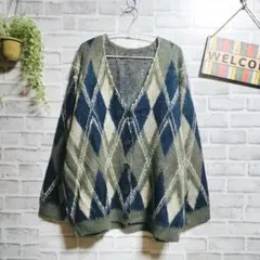 ニットカーディガン アーガイル柄 大人可愛い vネック ゆったり 暖かい F
