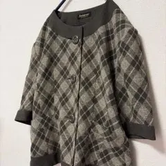 デザインシャツ レトロ ジャケット ノーカラー チェック柄 7分袖 ヴィンテージ