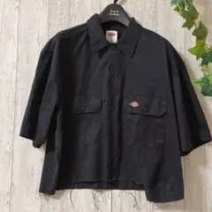 Dickies 半袖ワークシャツ L黒ショート丈クロップドユニセックス ロゴ刺繍
