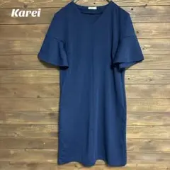 ♦︎【Karei】ネイビー Vネック 半袖 ひざ丈ワンピース　シンプル M