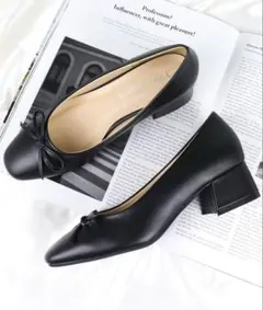 リボン付き ブラックパンプス 中ヒール