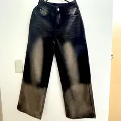 ワイドレッグ デニム パンツ ブラック/ブラウン S低身長 韓国 骨格ストレート