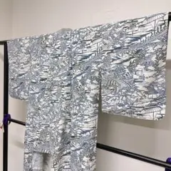 小紋　ウール　単衣　風景模様　橋　舟　建物　城　山　松　着物　071tz
