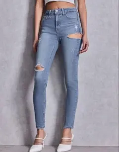 ミドルウエスト SIDE RIPPEDスキニーデニムパンツ