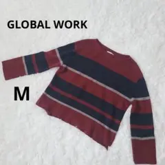 グローバルワーク　カットソー　長袖　ボーダー　秋　レッド×ネイビー×グレー　M