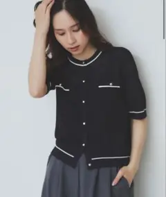 index バイカラー半袖カーディガン【洗える/抗ピル】 ネイビー　M