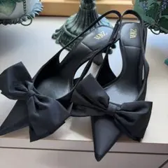 ZARA 38 ブラック リボン スリングバック パンプスのサムネイル