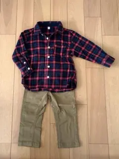 無印ネルシャツ90 西松屋ストレッチパンツ80 セット