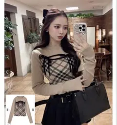 チェック柄フロントオープンリボンニットトップス[ru1374]