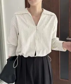 Vネックストライプショートシャツ