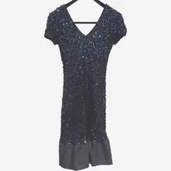 スパンコール Vネック 半袖ワンピース ブラック