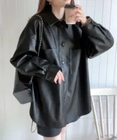 レザー風オーバーサイズシャツジャケット ブラック