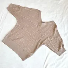 1027【ミッシュマッシュ】半袖サマーニット　M ピンクベージュ　ラメVネック