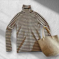 【美品】ユニクロ 定番人気 リブタートルネックセーター ボーダー XL【D1】
