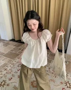 WGWE 刺繍入り フレンチガーリー風 パフスリーブブラウス