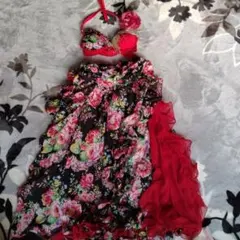 ベリーダンス用赤黒花柄ドレス