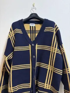 LOGUE チェック柄カーディガン ネイビー/イエロー