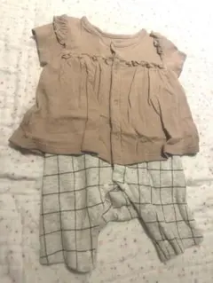 ブラウンロンパース・チェック柄パンツセット