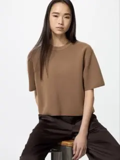 ユニクロ　ウォッシャブルミラノリブセーター　半袖　ブラウン　M