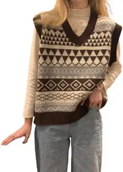 ニットベスト レディース 千鳥柄 Vネックゆったり トップス 韓国 ニット