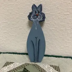 トールペイント作品 青色猫の木製置物 ハンドメイド