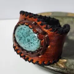 本革 レザーブレスレット ターコイズ風ビジュー 男女兼用フリーサイズ