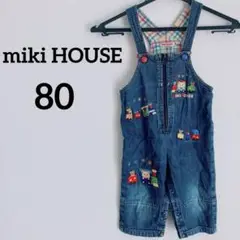 miki HOUSE 【80】デニムオーバーオール クマ ポケット 刺繍
