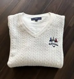 キャロウェイ ホワイト×ブルーVネック ケーブル編みセーターゴルフウェア S