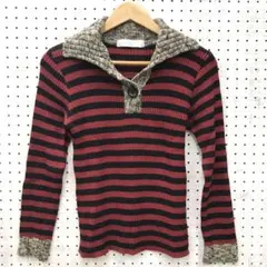 海外ガールvibes古着 タイト ショールカラー ボーダー柄 リブニットセーター