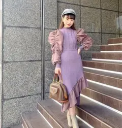 パープル ニットワンピース ボリューム袖