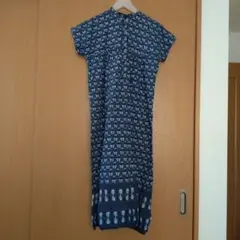 ネイビー 花柄 半袖 シャツワンピース