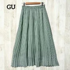 GU ロングプリーツスカート S 緑 白 ギンガムチェック シフォン きれいめ