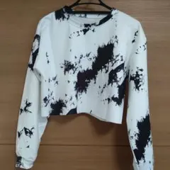 ホワイト ブラック スプラッタープリント クロップド長袖