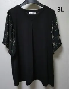 3L/Hina Style 半袖カットソー ブラック /花柄シフォン袖のサムネイル