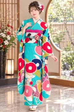芸艸堂 UNSODO振袖 袋帯セット ターコイズブルー 花柄 成人式 レトロモダ