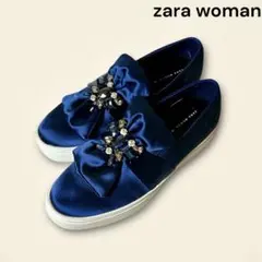 zara ザラリボン付サテンスニーカー ネイビー 40(25cm〜26cm位)