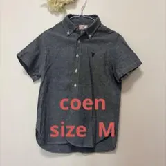 coen 半袖 ボタンダウンシャツ M ブルー ワンポイント刺繍 コットン