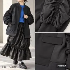 CYNICAL ミリタリー 異素材ドッキングMA-1 黒 袖ギャザー ブルゾン