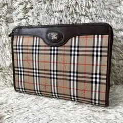 バーバリー　クラッチバッグ　ノバチェック　ホースロゴ　キャンバス　レザー　茶色