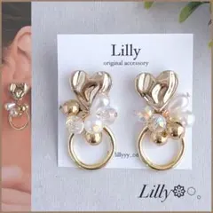 #1020 大ぶりピアス/ハート/ゴールド/パール/揺れる/ハンドメイド/フープ