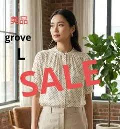 【grove】ホワイト バンドカラー 総柄 隠れボタンダウン 半袖 ブラウス Lのサムネイル