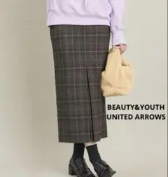 美品　ビューティーアンドユース　チェックスリットタイトロングスカート　グレー　S