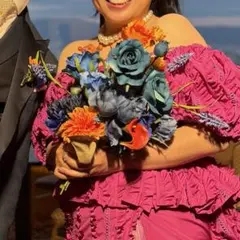 ウェディングブーケ ブートニア 2点組 アーティシャルフラワー ブルー オレンジ