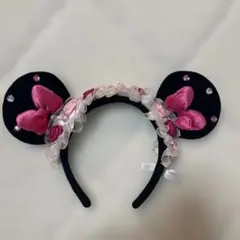 ミッキー耳カチューシャ ピンクリボン付き