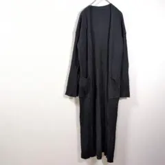 ロングカーディガン F ブラック リブ編み ポケット付き