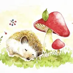 水彩イラスト［きのことハリネズミ］　手描き