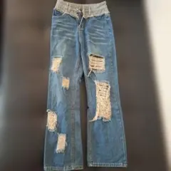 ダメージ加工 y2kライトブルーデニムパンツ