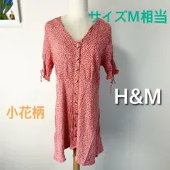 c487 H&M 小花柄 ワンピース M相当 レッド ミニ丈 春夏 Ｖネック