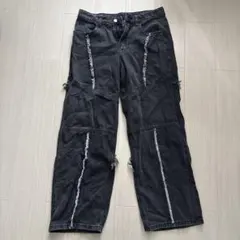 ダークグレー フリンジ加工 ワイドレッグデニムパンツ