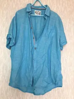 水色 リネンブレンド 半袖シャツ
